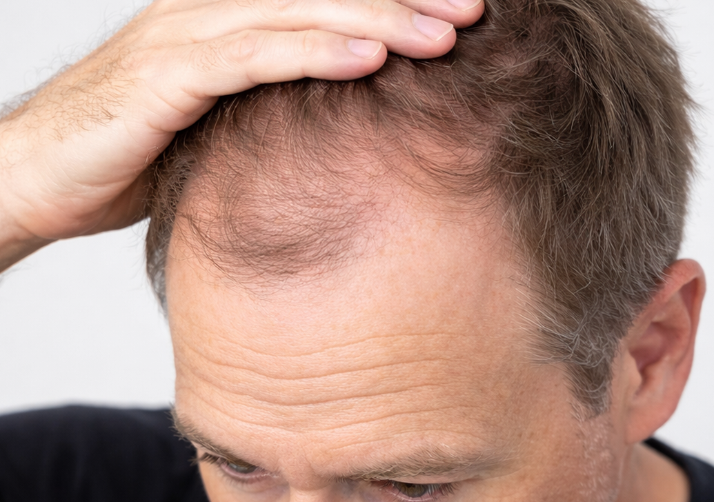 Man with thinning hair touching his head against a white background
