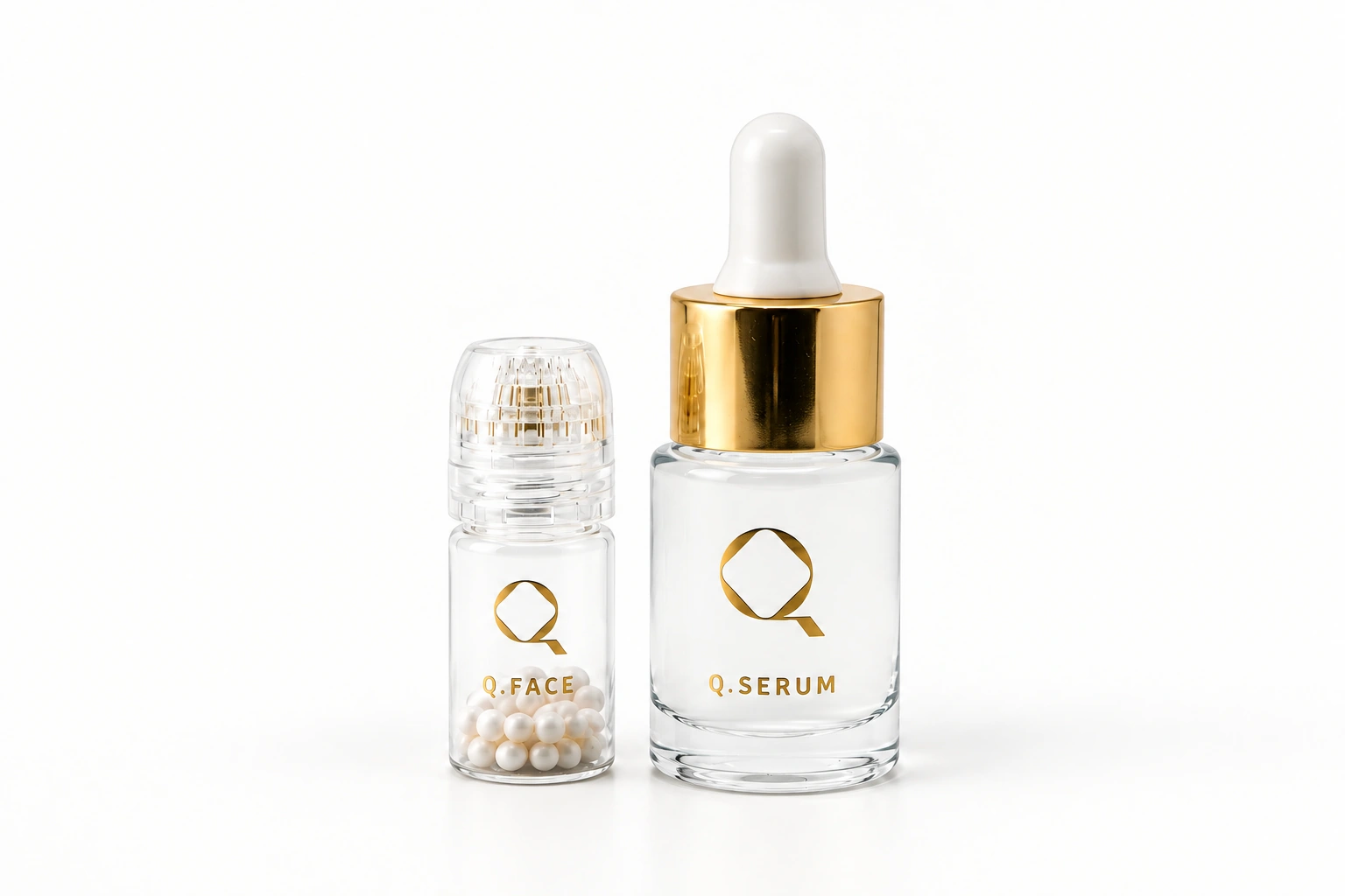 One closed Q.FACE vial beside a Q.SERUM bottle, ready for a single session