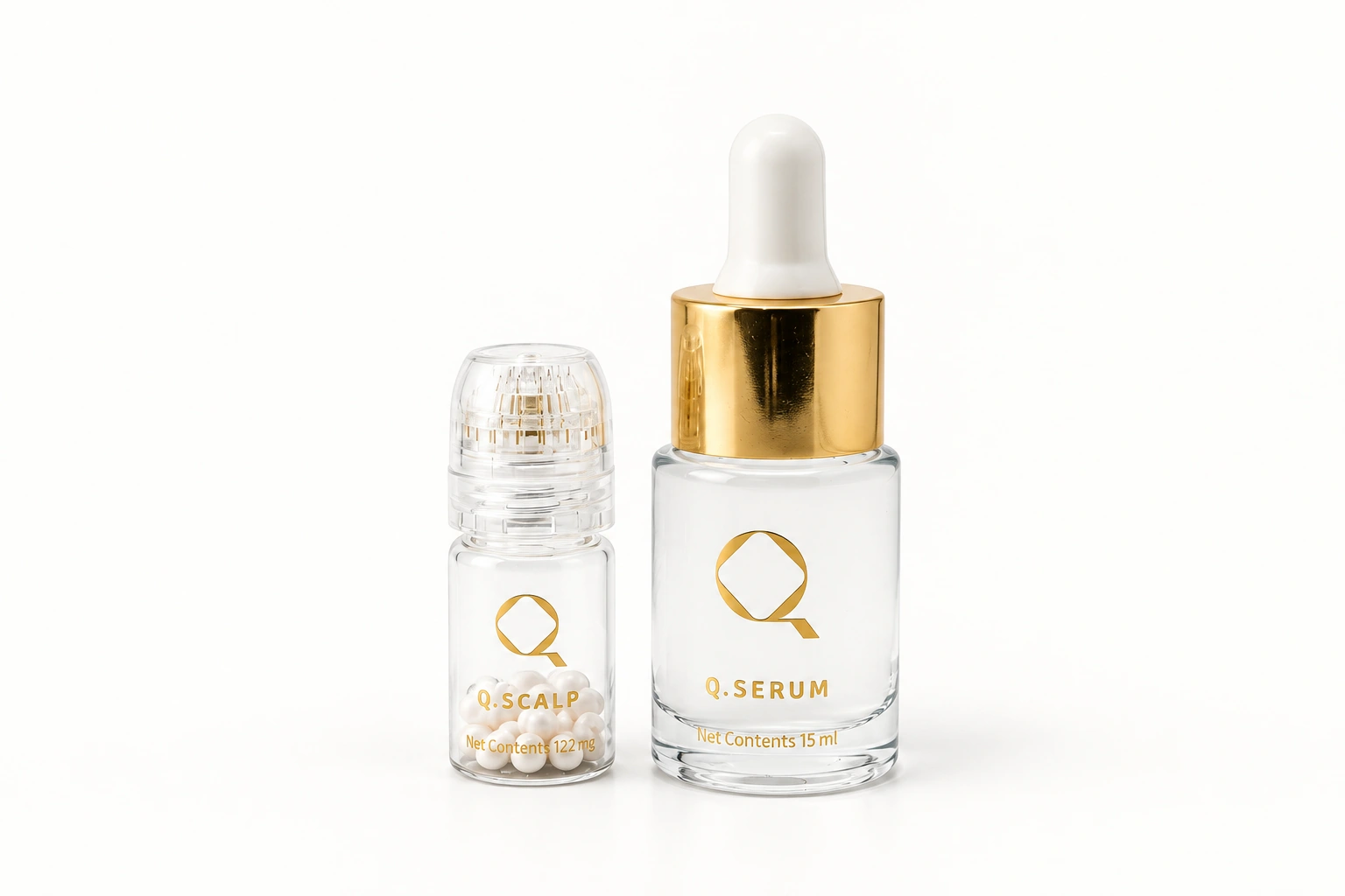 One closed Q.SCALP vial beside a Q.SERUM bottle, ready for a single session